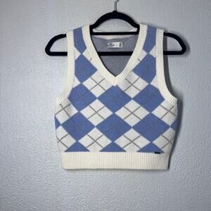 Hollister Womens Medium Blue White Argyle V-Neck Knit Preppy Sweater Vest